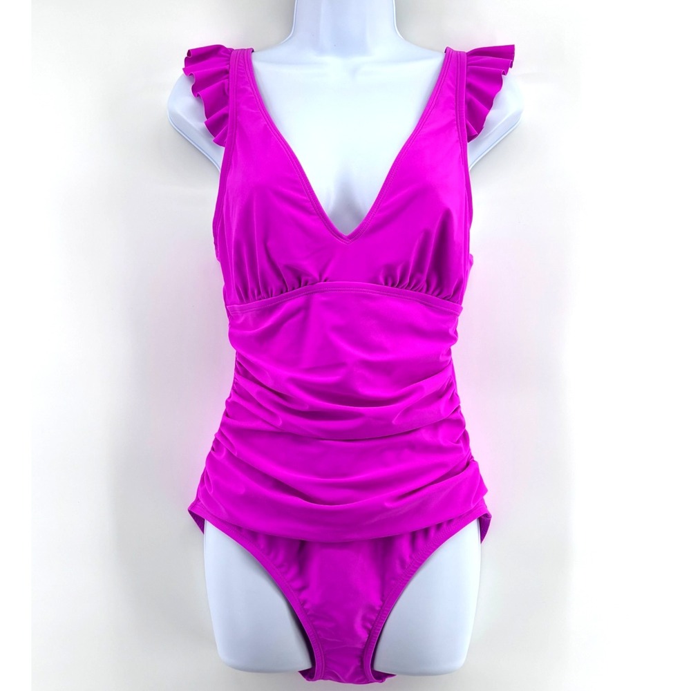 Ellen Tracy Flutter Sleeve Mio One Piece Swimsuit Sz 12 Pink Ruched Resort Chic